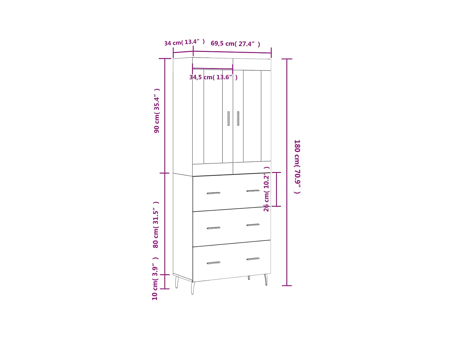 Hoge kast 69,5x34x180 cm bewerkt hout wit
