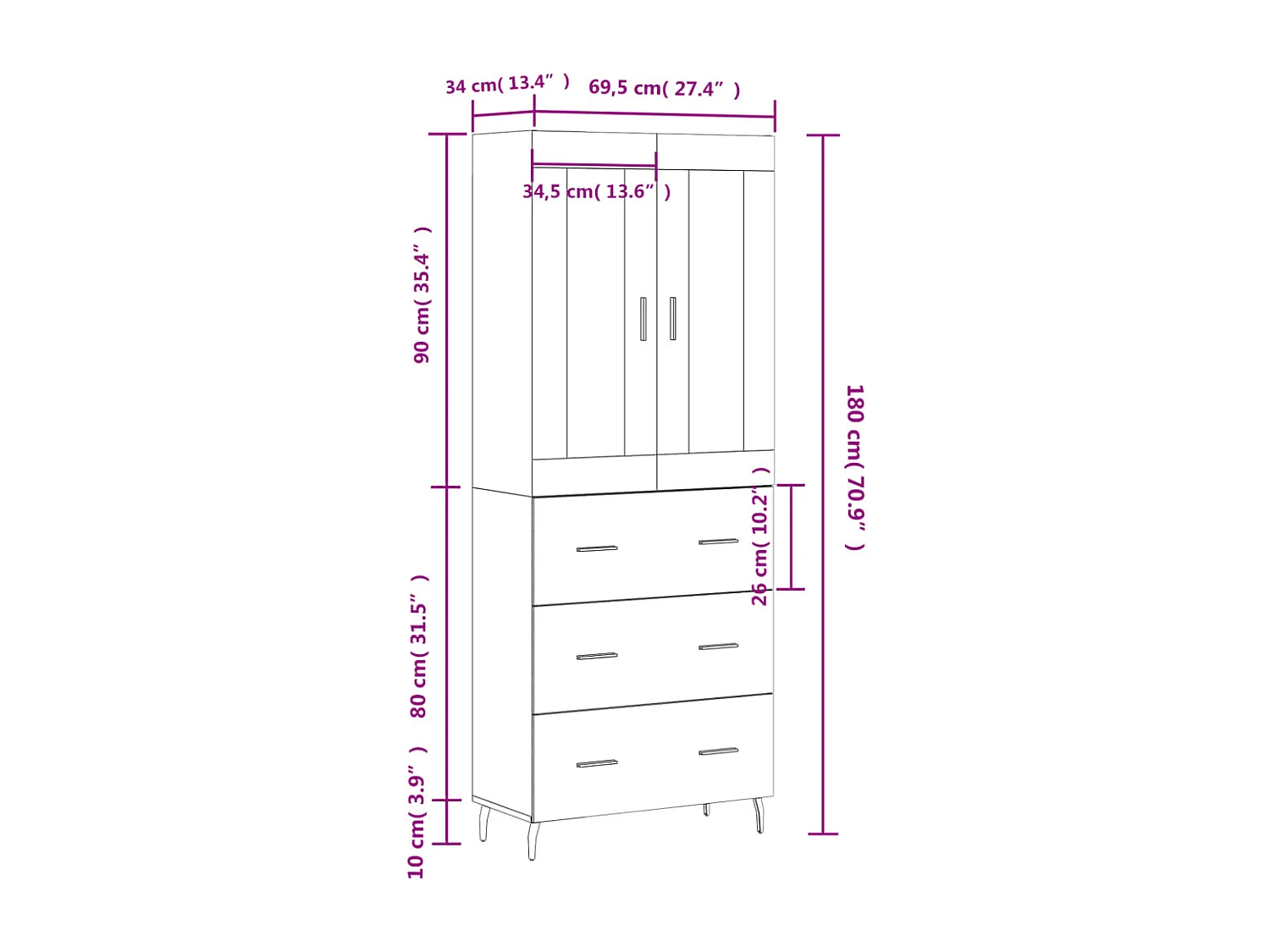 Highboard Weiß 69,5x34x180 cm Holzwerkstoff