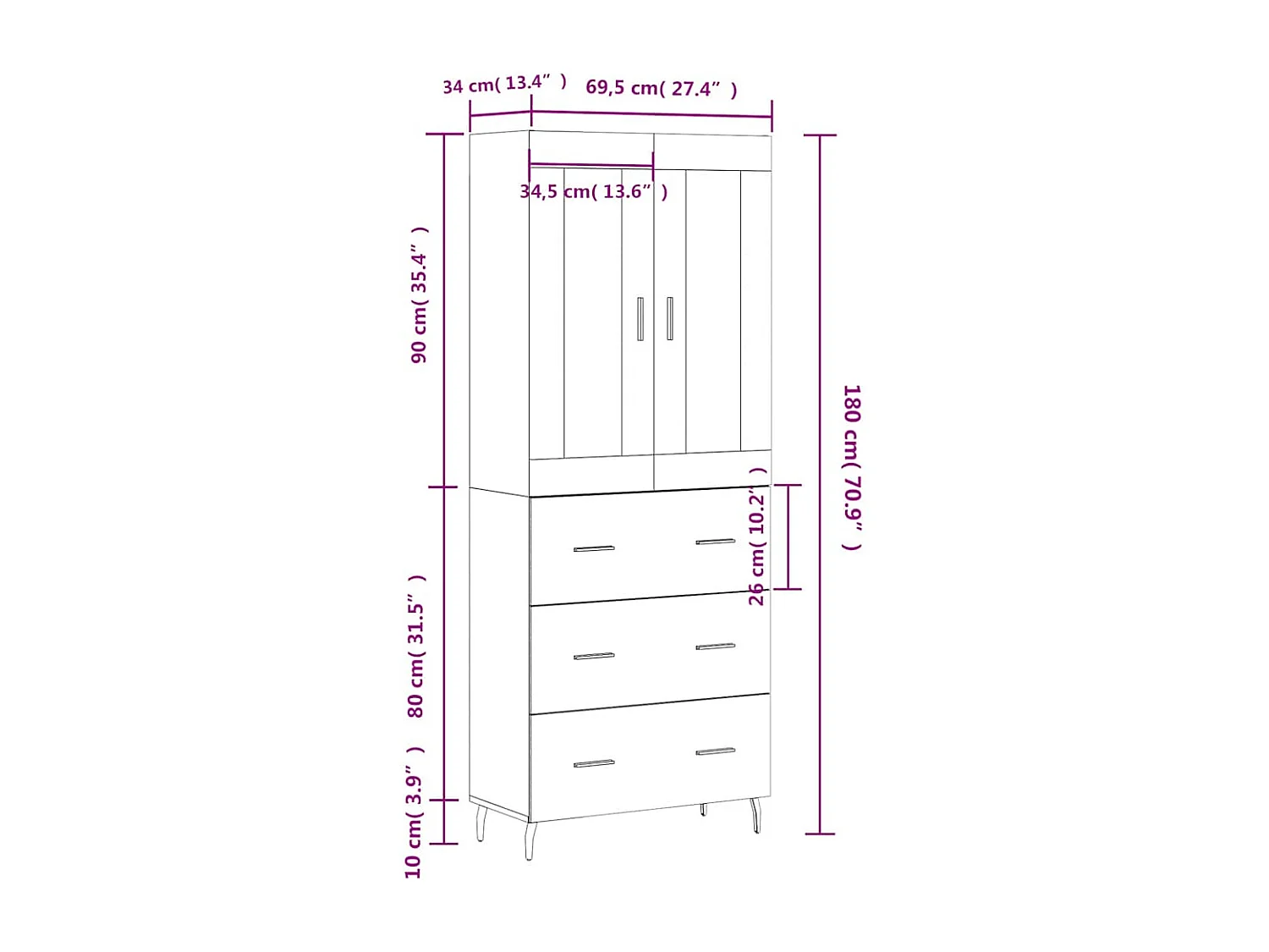 Buffet haut Blanc 69,5x34x180 cm Bois d'ingénierie