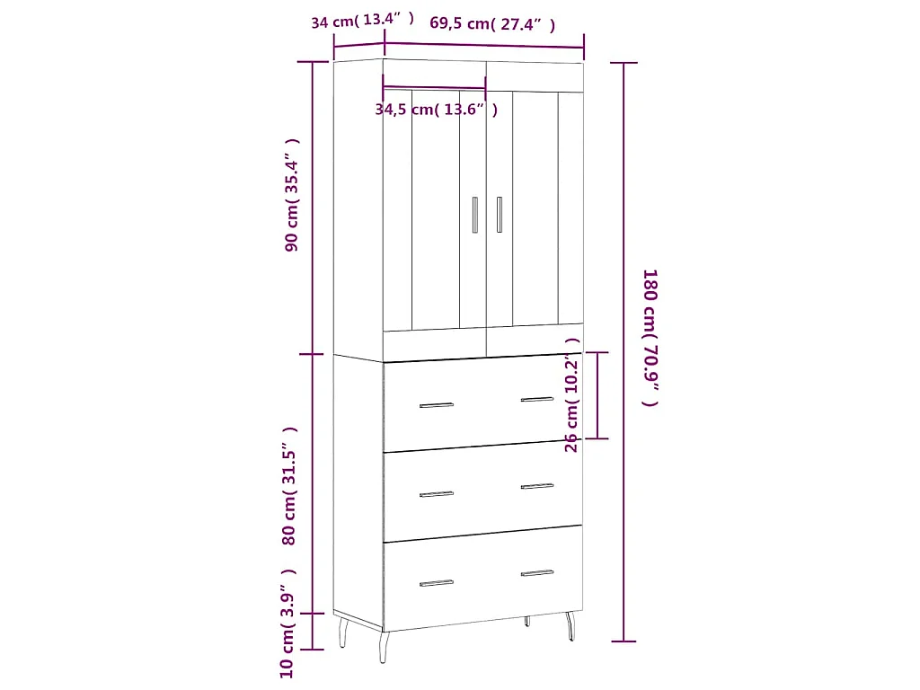 Buffet haut Blanc 69,5x34x180 cm Bois d'ingénierie