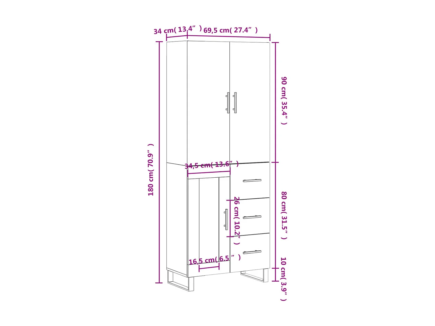 Highboard Weiß 69,5x34x180 cm Holzwerkstoff