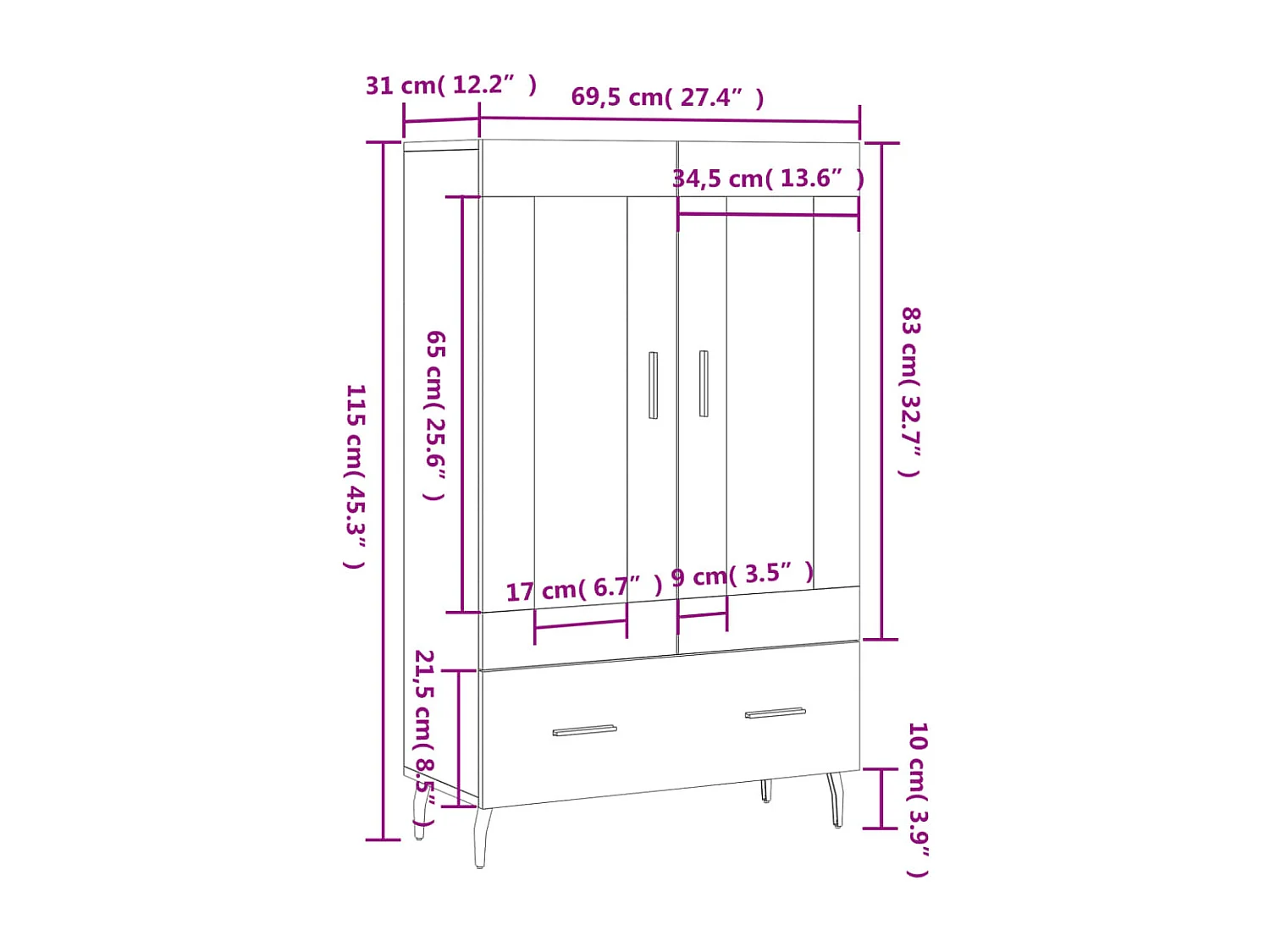 Buffet haut chêne marron 69,5x31x115 cm bois d'ingénierie