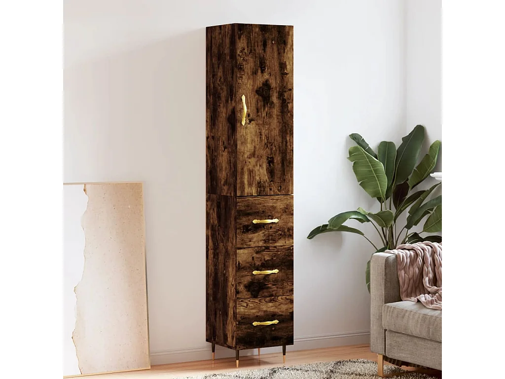 Buffet haut Chêne fumé 34,5x34x180 cm Bois d'ingénierie