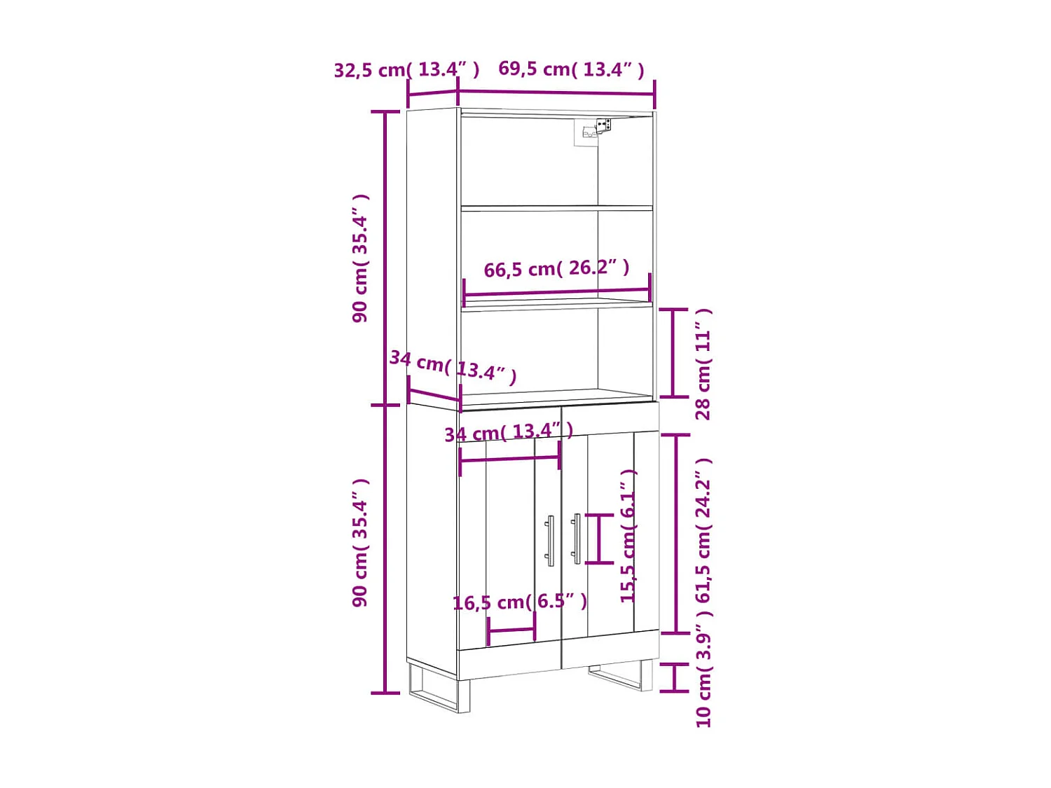 Highboard Weiß 69,5x34x180 cm Holzwerkstoff
