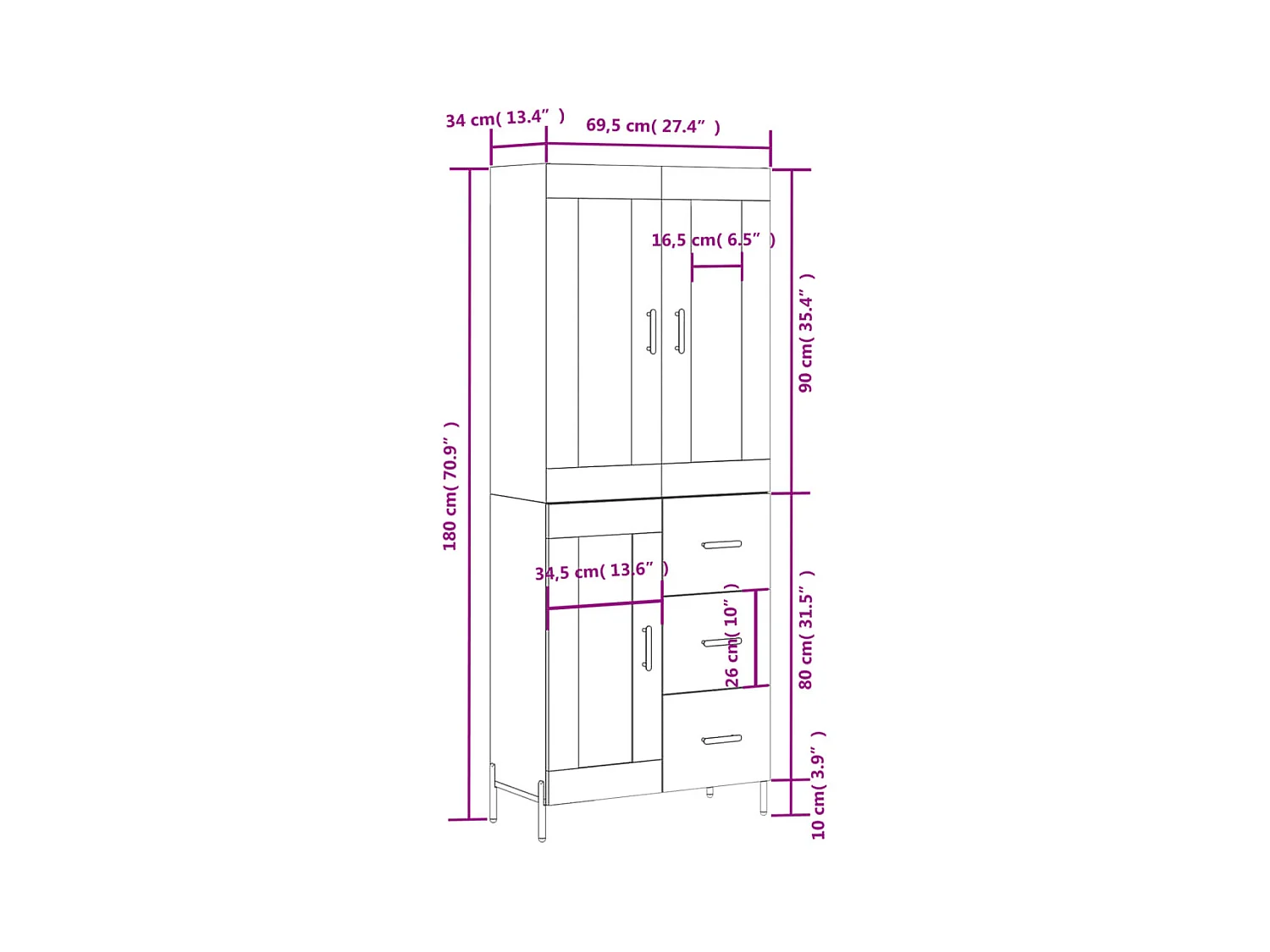 Highboard Betongrau 69,5x34x180 cm Holzwerkstoff