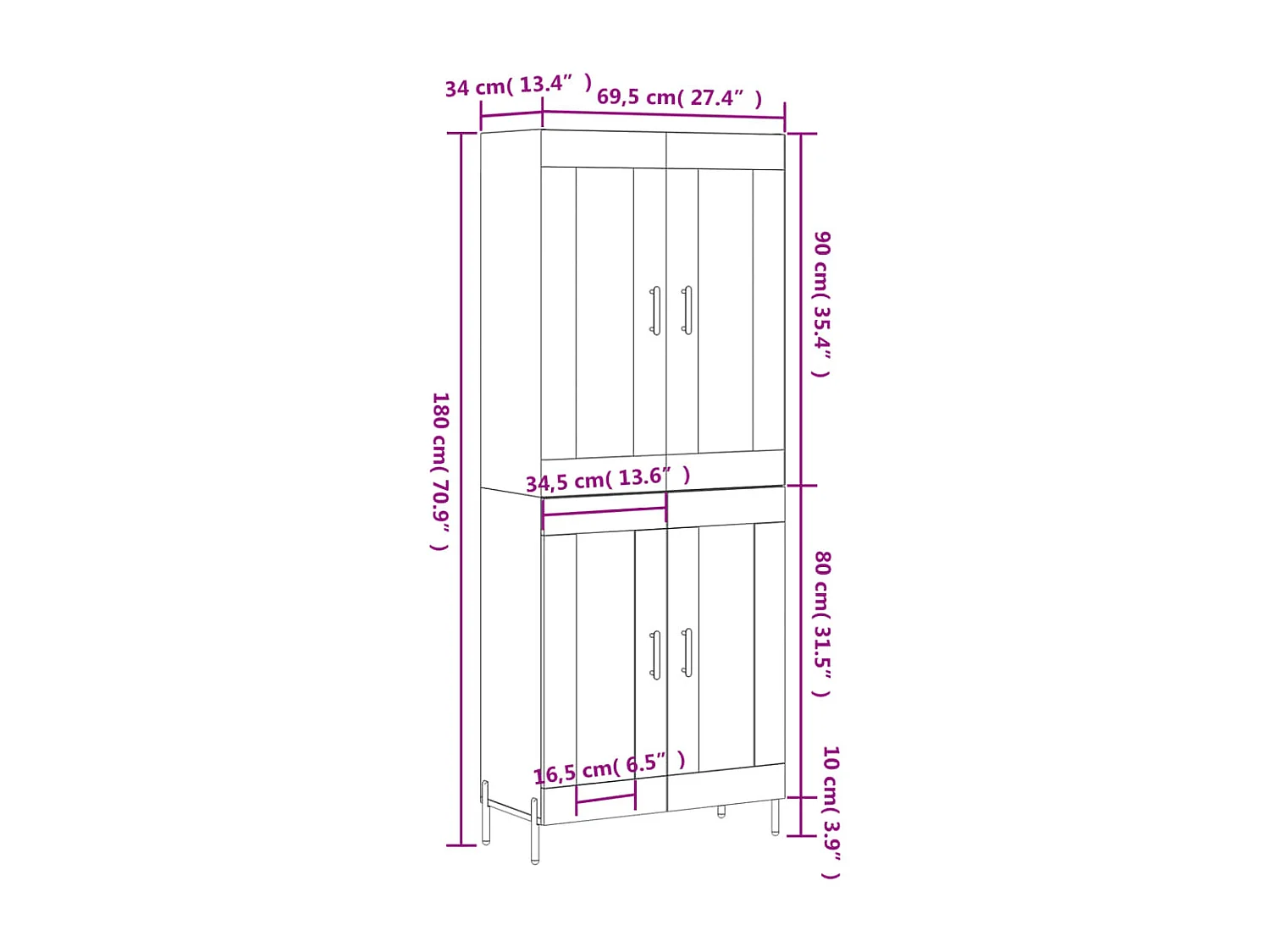 Credenza Bianca 69,5x34x180 cm in Legno Multistrato
