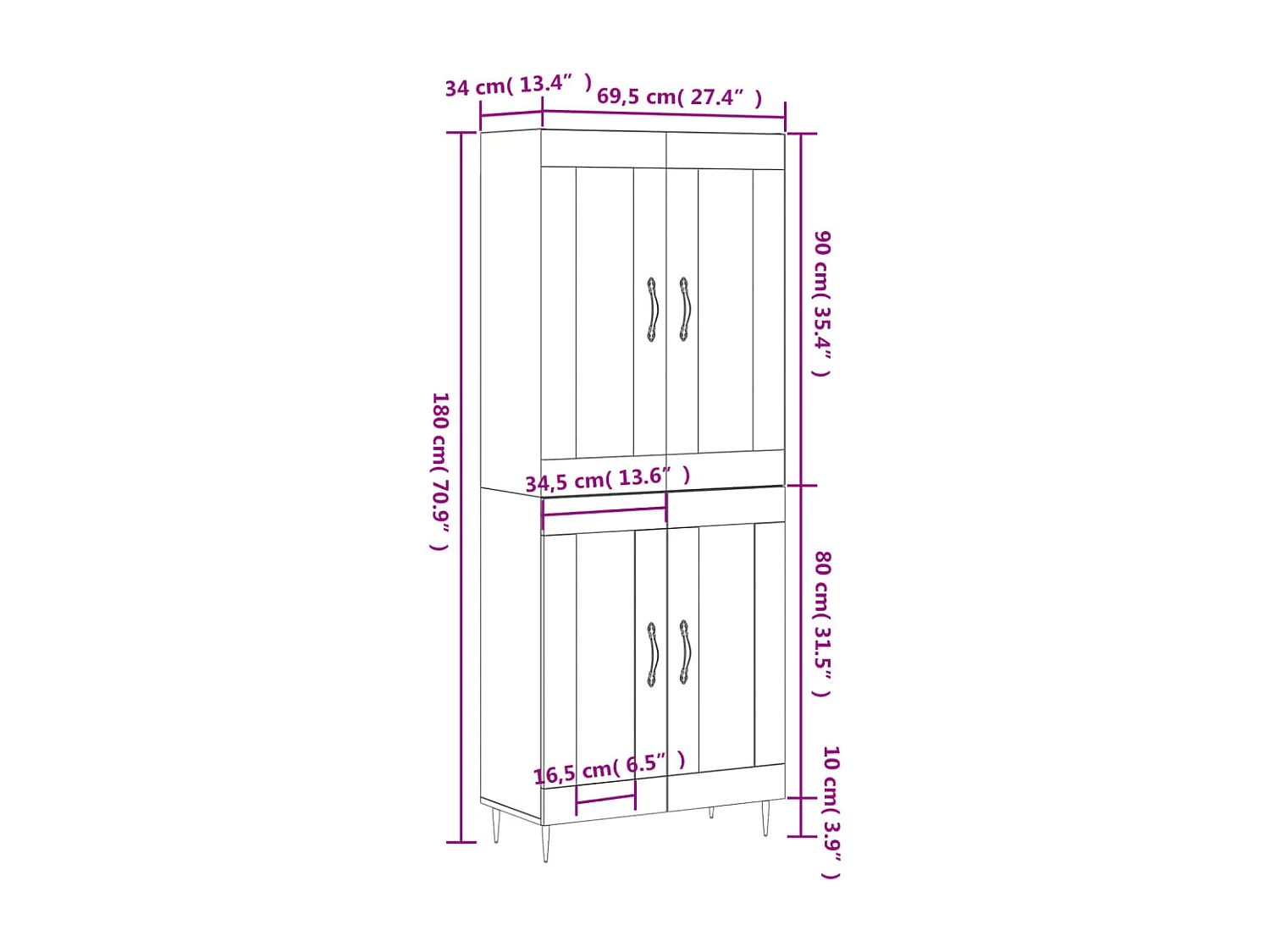 Hoge kast 69,5x34x180 cm bewerkt hout zwart