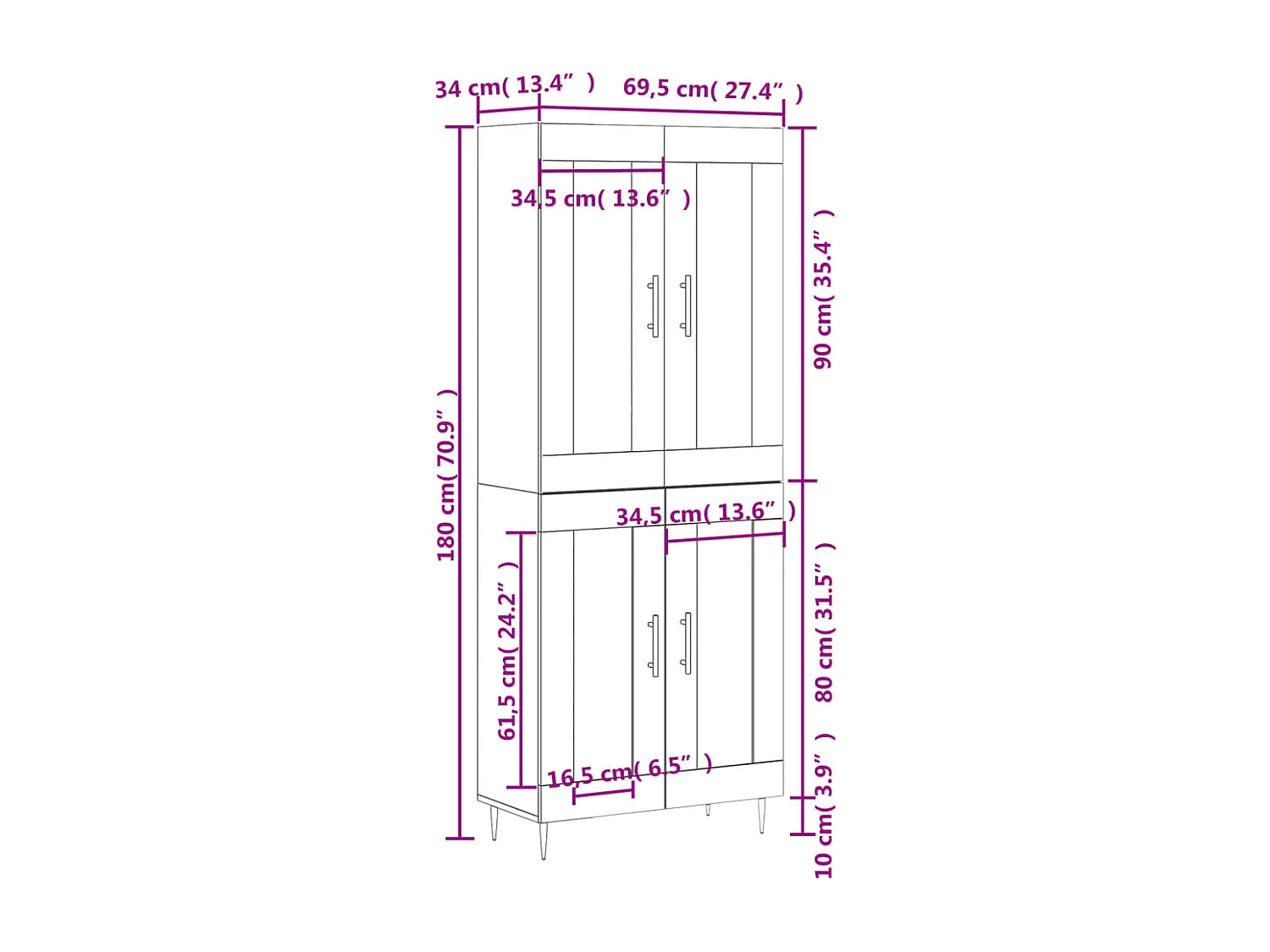 Highboard Weiß 69,5x34x180 cm Holzwerkstoff