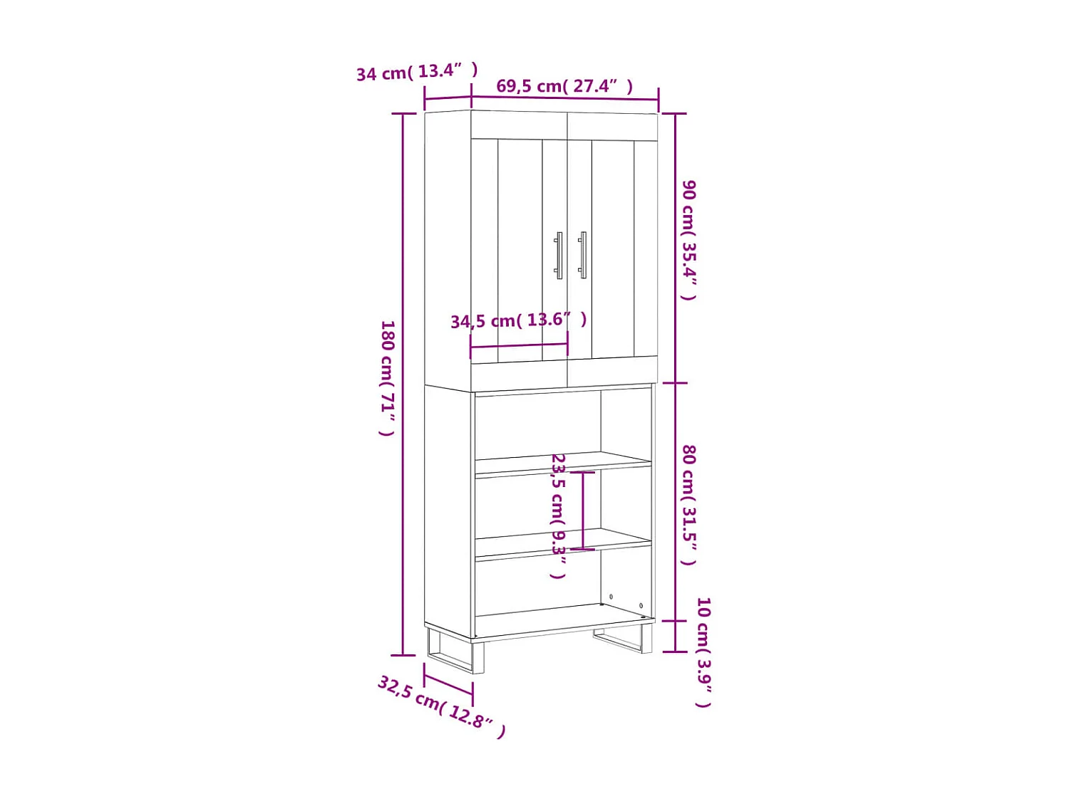 Buffet haut Blanc 69,5x34x180 cm Bois d'ingénierie