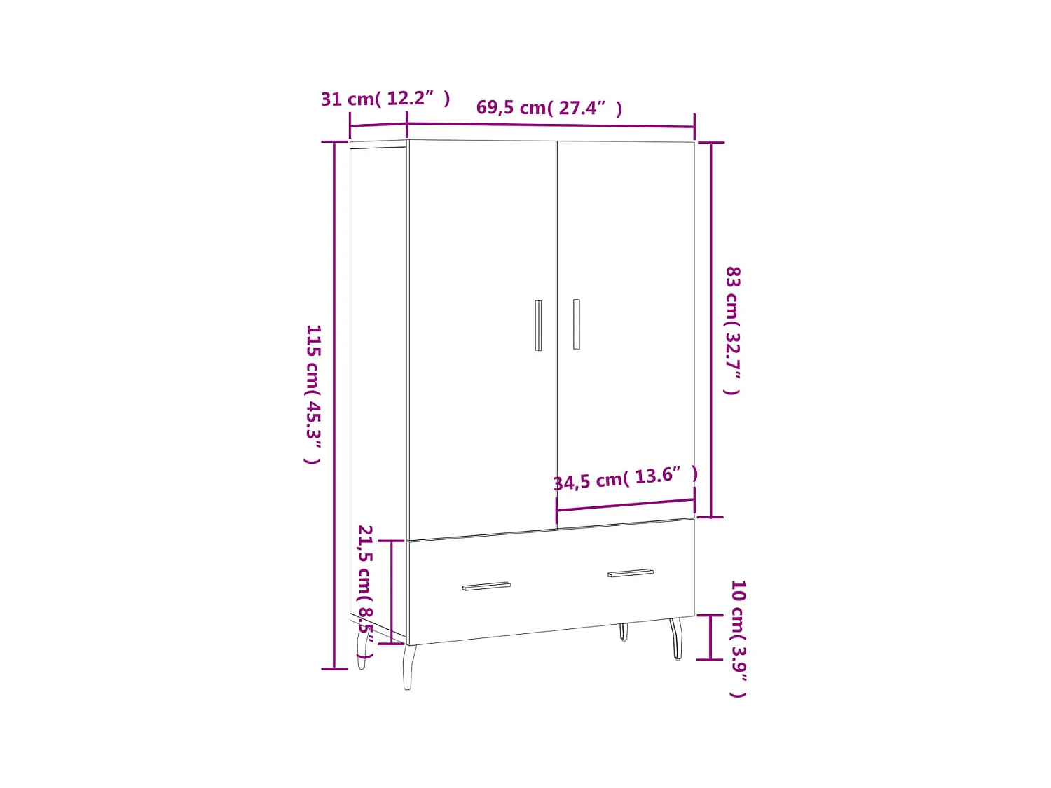 Hoge kast 69,5x31x115 cm bewerkt hout hoogglans wit