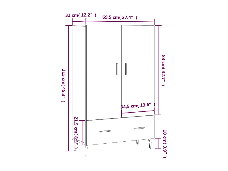 Hoge kast 69,5x31x115 cm bewerkt hout hoogglans wit