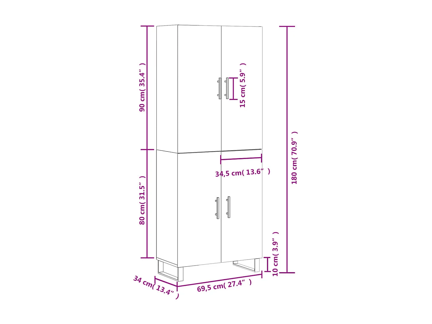 Buffet haut Gris béton 69,5x34x180 cm Bois d'ingénierie