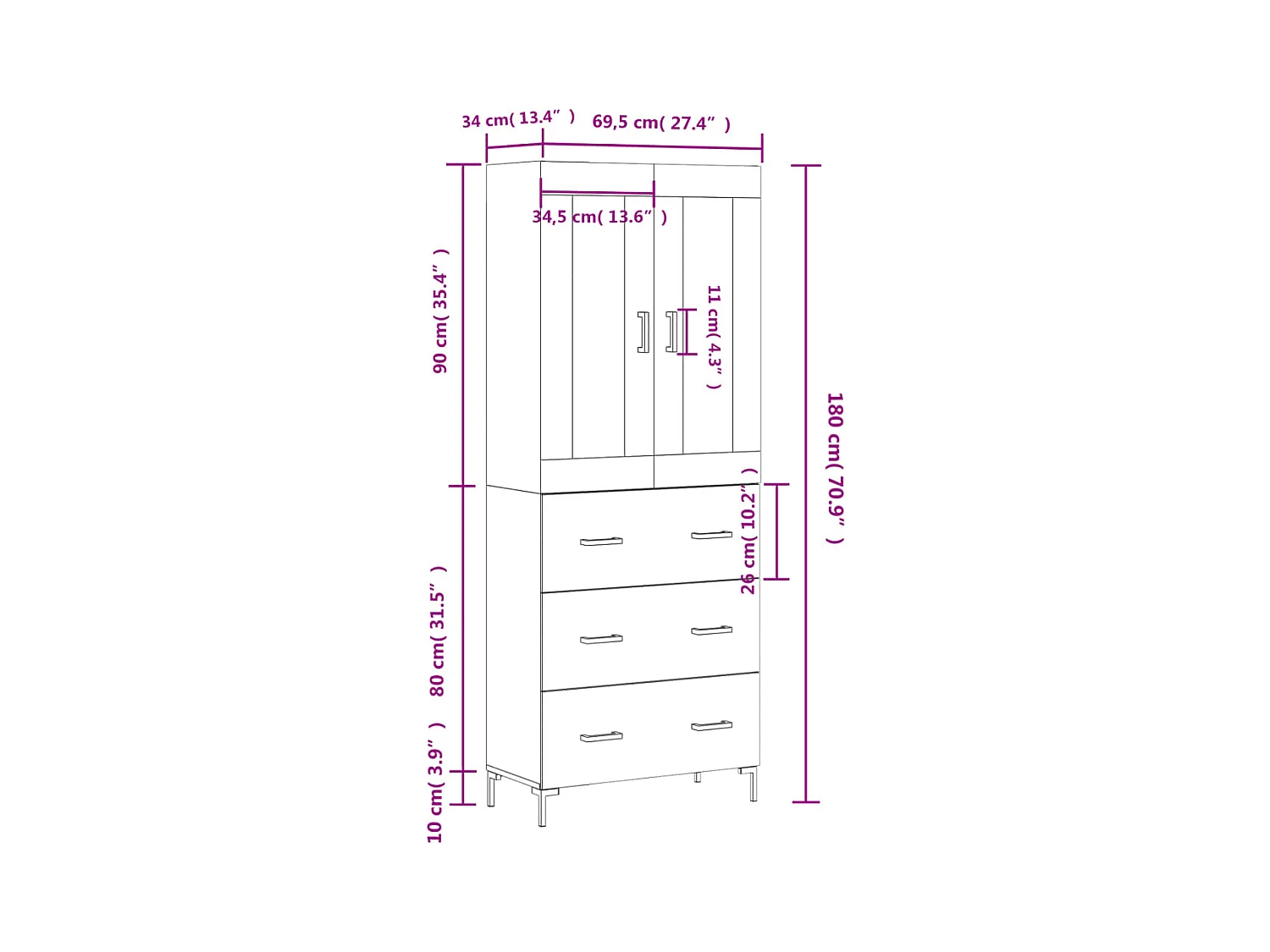 Highboard Betongrau 69,5x34x180 cm Holzwerkstoff