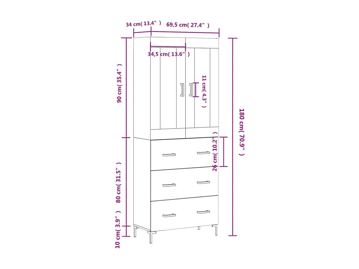 Highboard Betongrau 69,5x34x180 cm Holzwerkstoff