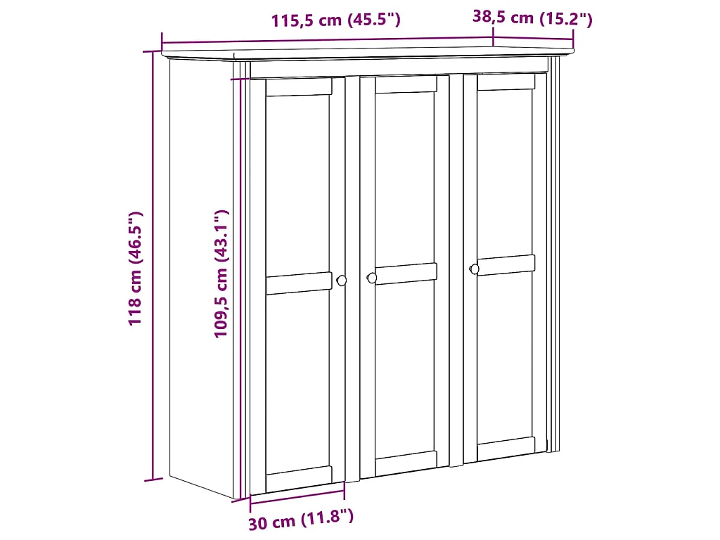 Armoire avec portes vitrées BODO blanc marron bois pin massif