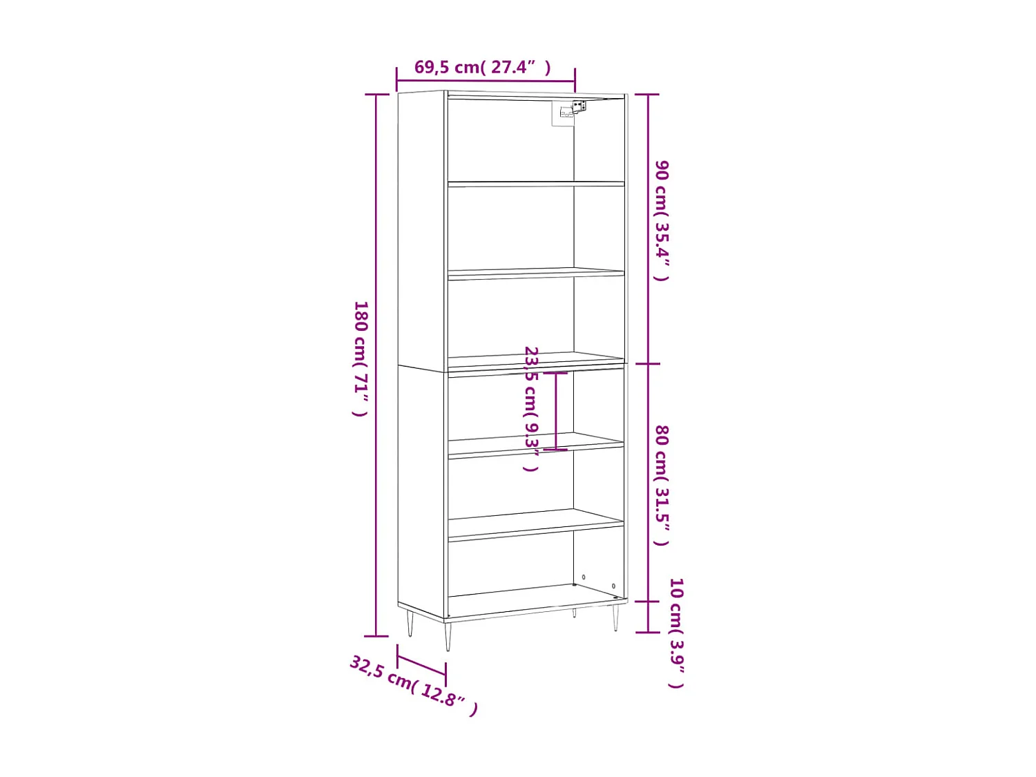 Hoge kast 69,5x32,5x180 cm bewerkt hout zwart