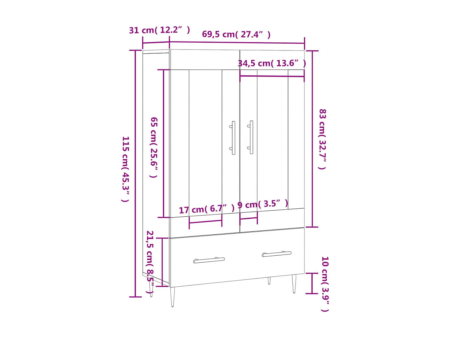 Highboard Betongrau 69,5x31x115 cm Holzwerkstoff