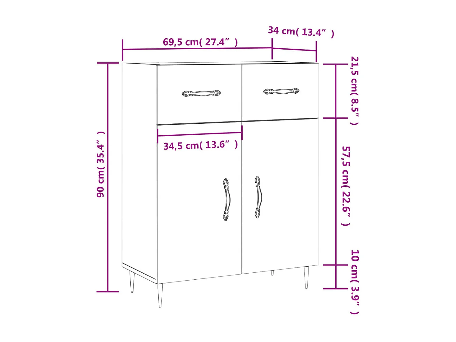 Buffet Blanc brillant 69,5x34x90 cm Bois d'ingénierie