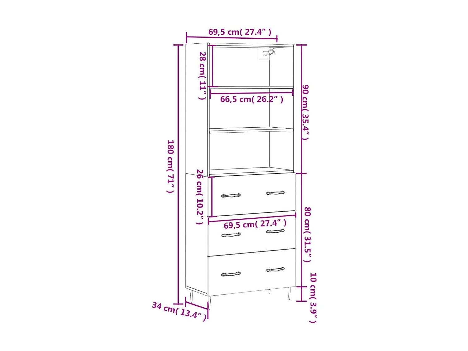 Buffet haut Chêne marron 69,5x34x180 cm Bois d'ingénierie