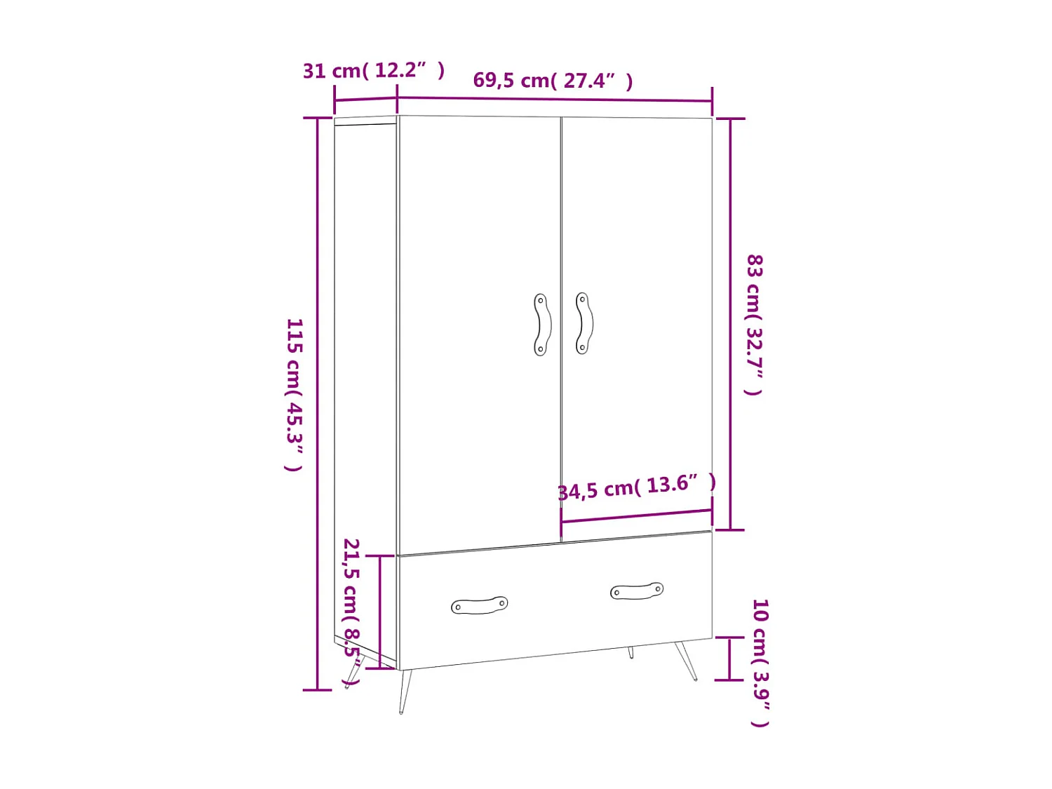 Hoge kast 69,5x31x115 cm bewerkt hout wit