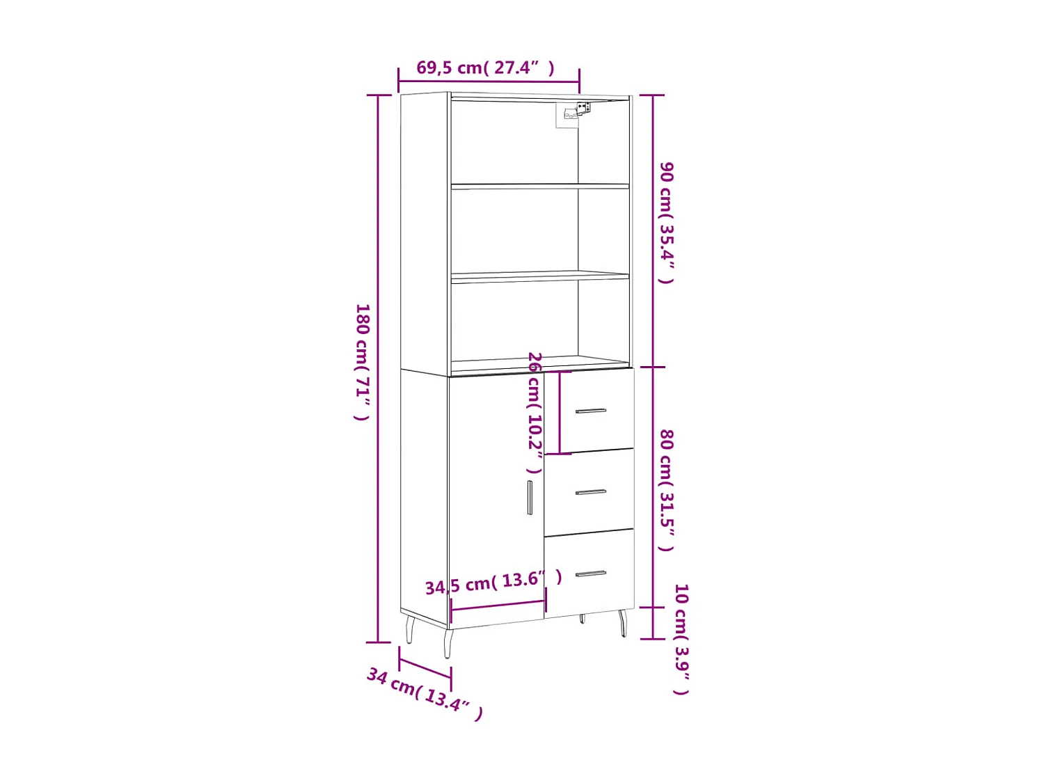Buffet haut Chêne marron 69,5x34x180 cm Bois d'ingénierie