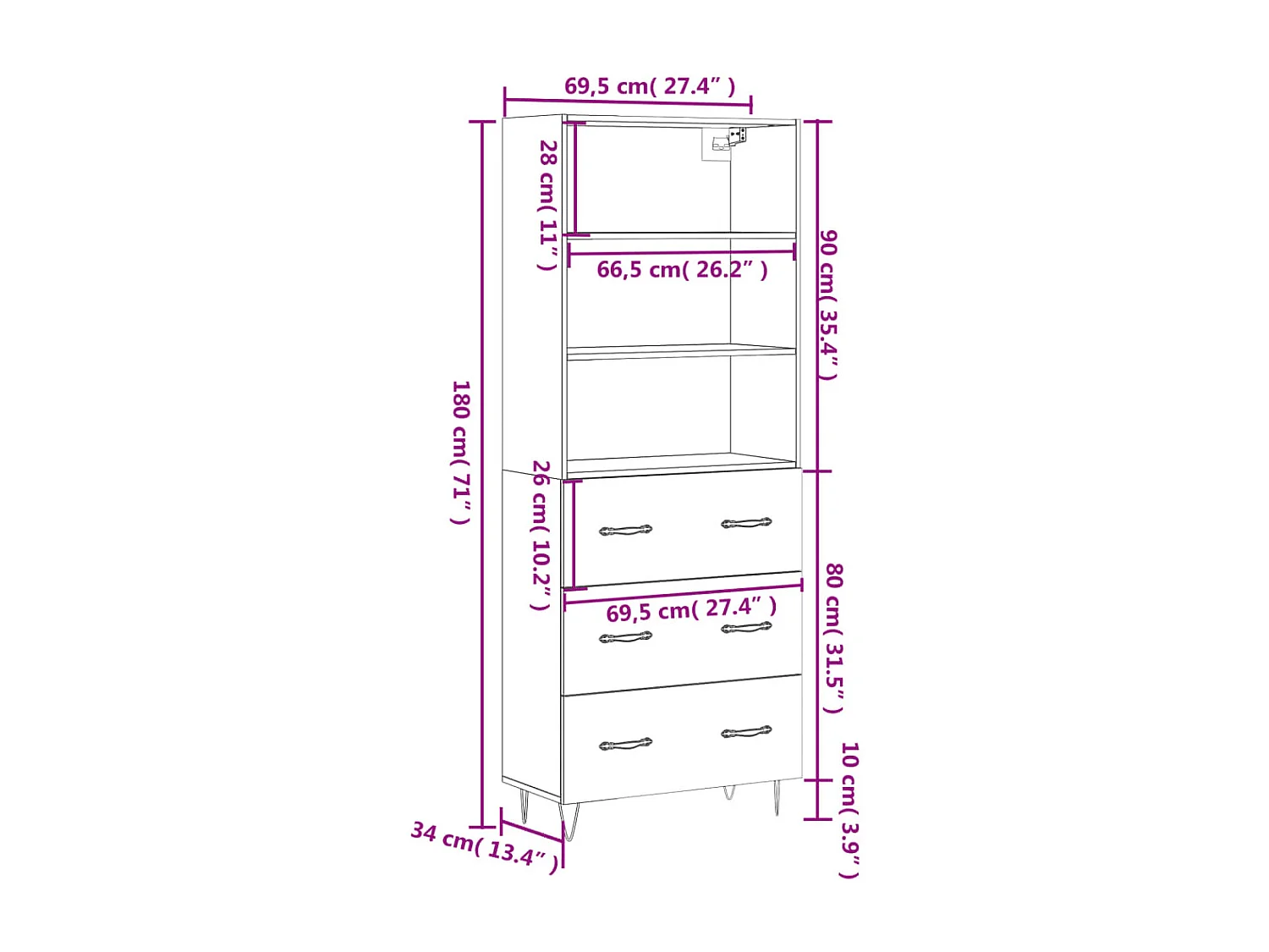 Highboard Weiß 69,5x34x180 cm Holzwerkstoff