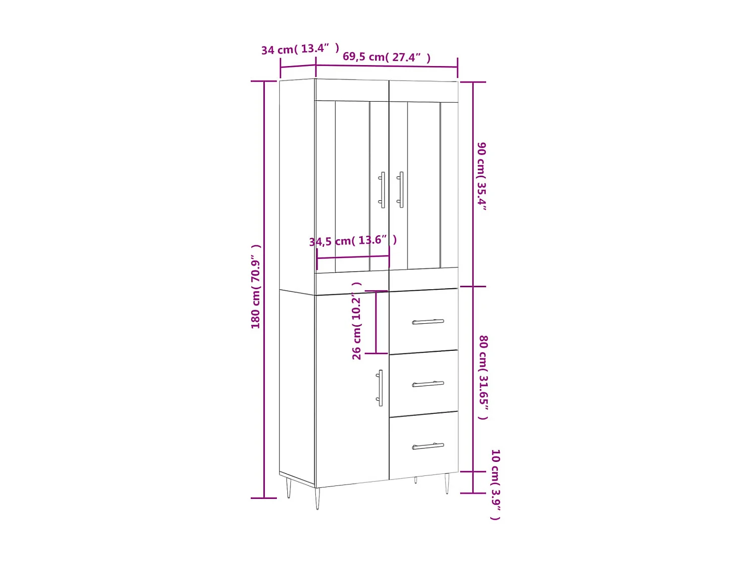 Credenza Grigio Cemento 69,5x34x180 cm in Legno Multistrato