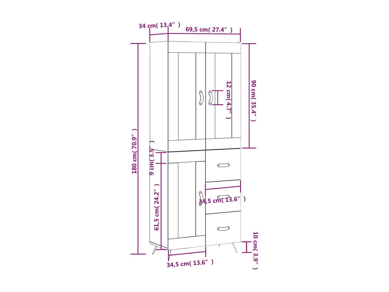 Aparador alto madera contrachapada blanco 69,5x34x180 cm