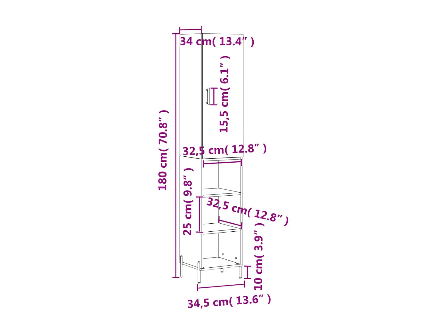 Hoge kast 34,5x34x180 cm bewerkt hout betongrijs