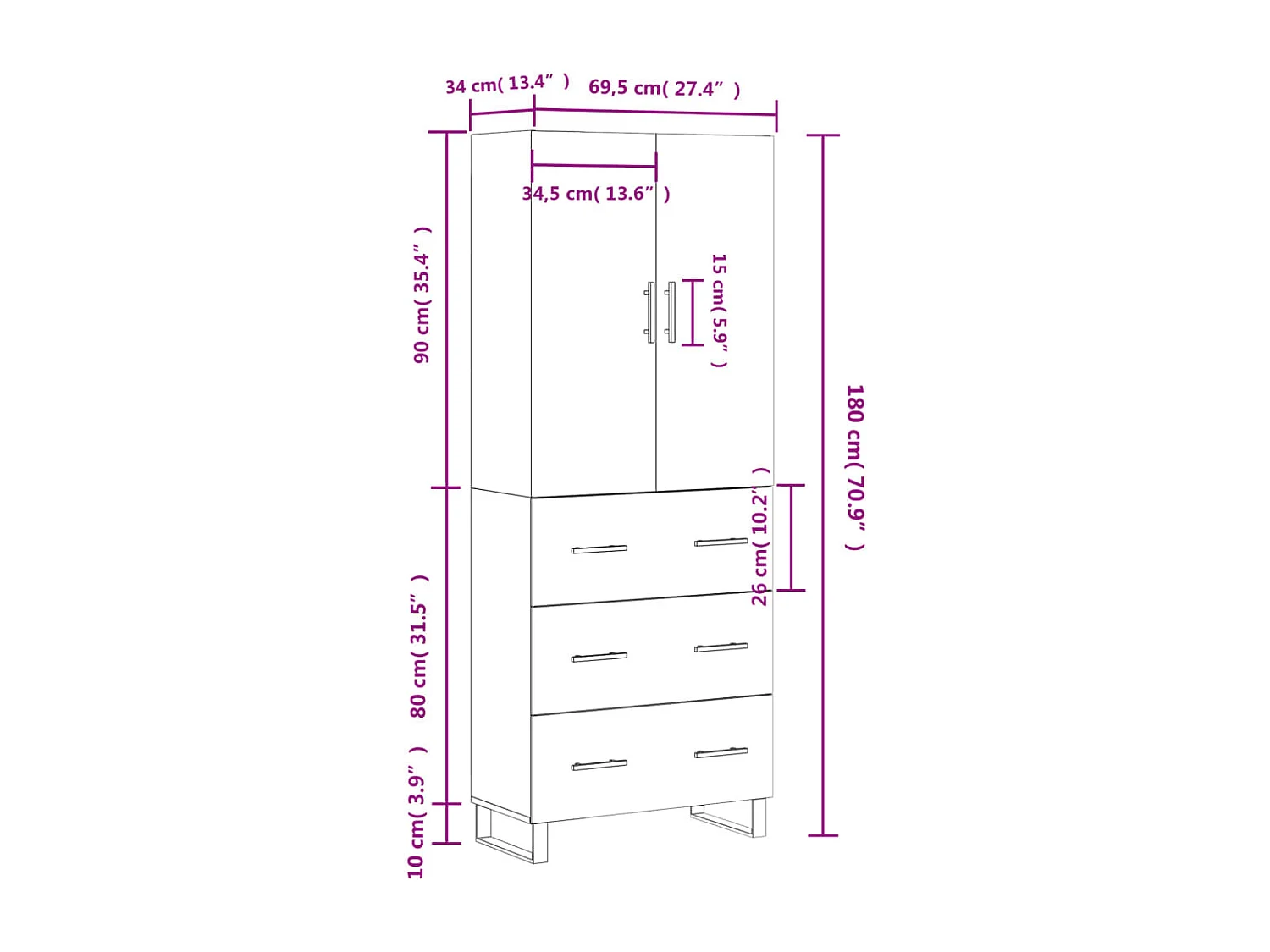 Buffet haut Blanc 69,5x34x180 cm Bois d'ingénierie