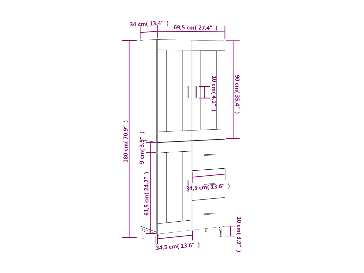 Hoge kast 69,5x34x180 cm bewerkt hout betongrijs
