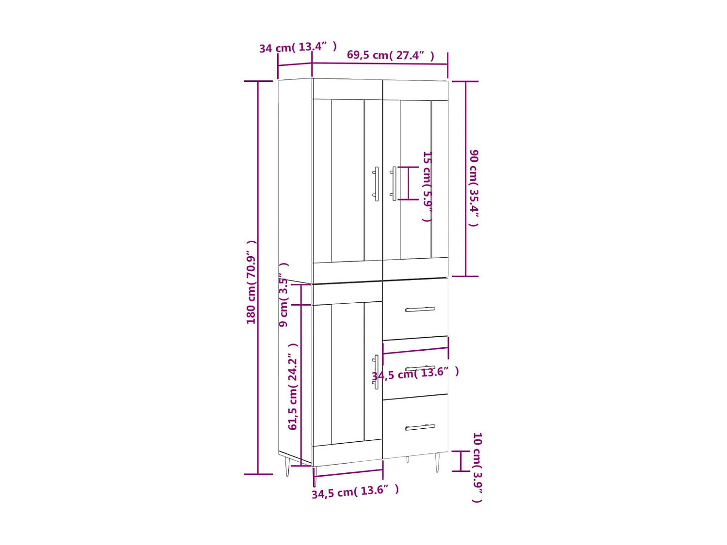 Highboard Betongrau 69,5x34x180 cm Holzwerkstoff