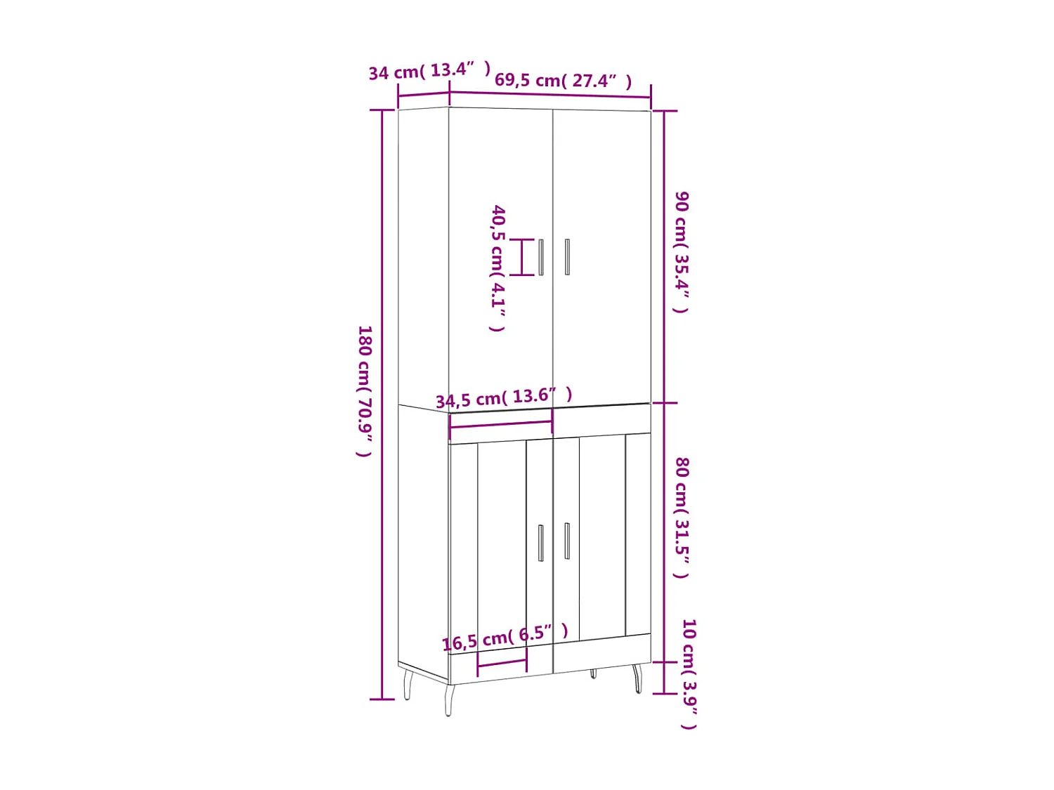 Buffet haut Blanc 69,5x34x180 cm Bois d'ingénierie