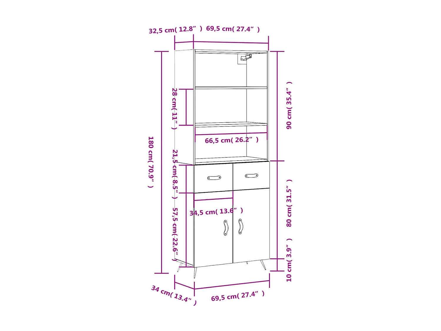 Credenza Rovere Marrone 69,5x34x180 cm in Legno Multistrato