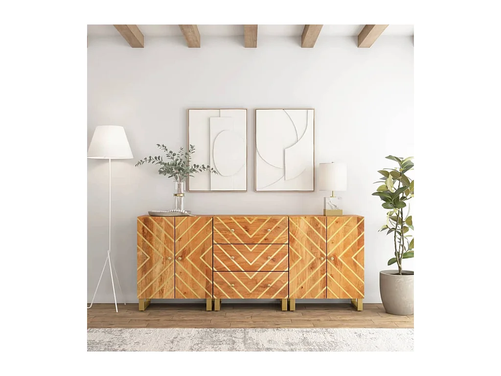 Mobiletti 3pz Marrone e Nero 60x33,5x75 cm Legno Massello Mango