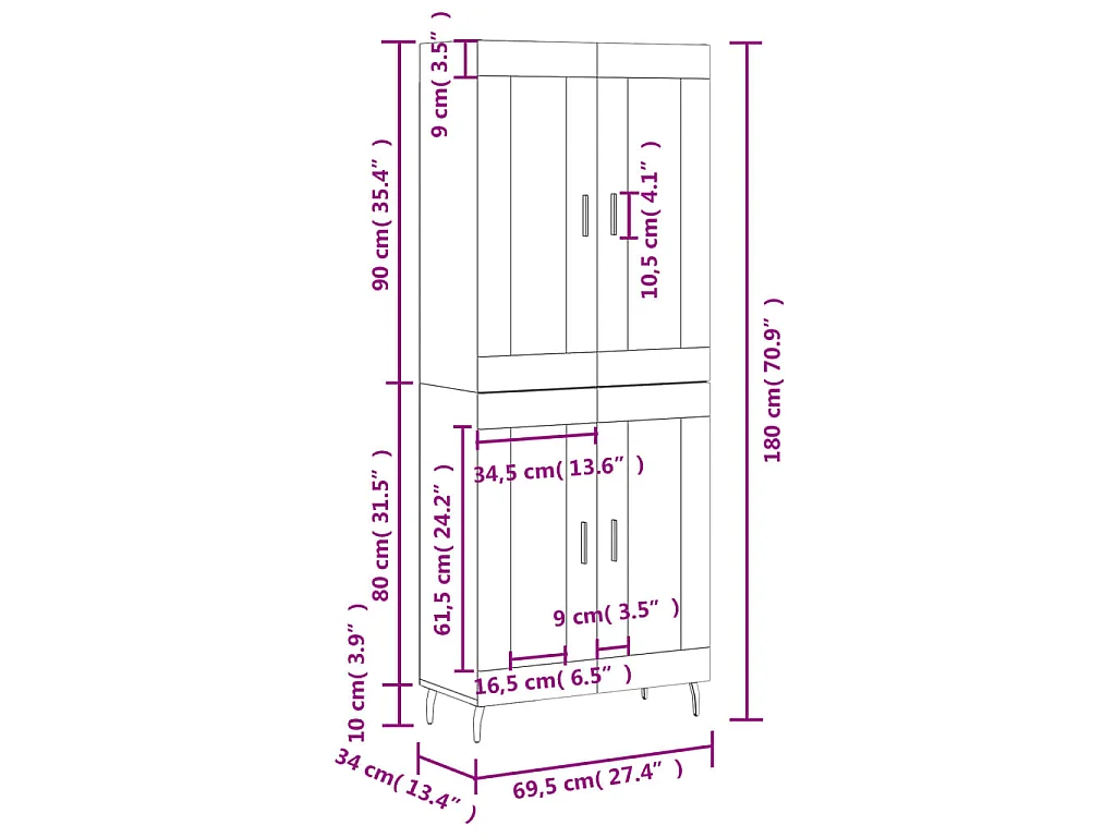 Buffet haut Chêne fumé 69,5x34x180 cm Bois d'ingénierie