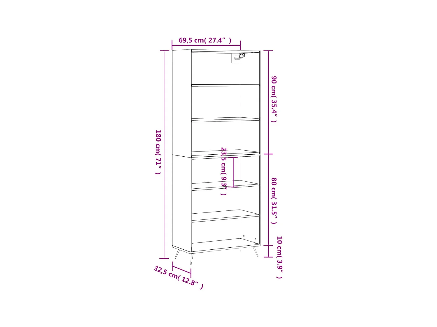 Highboard Weiß 69,5x32,5x180 cm Holzwerkstoff