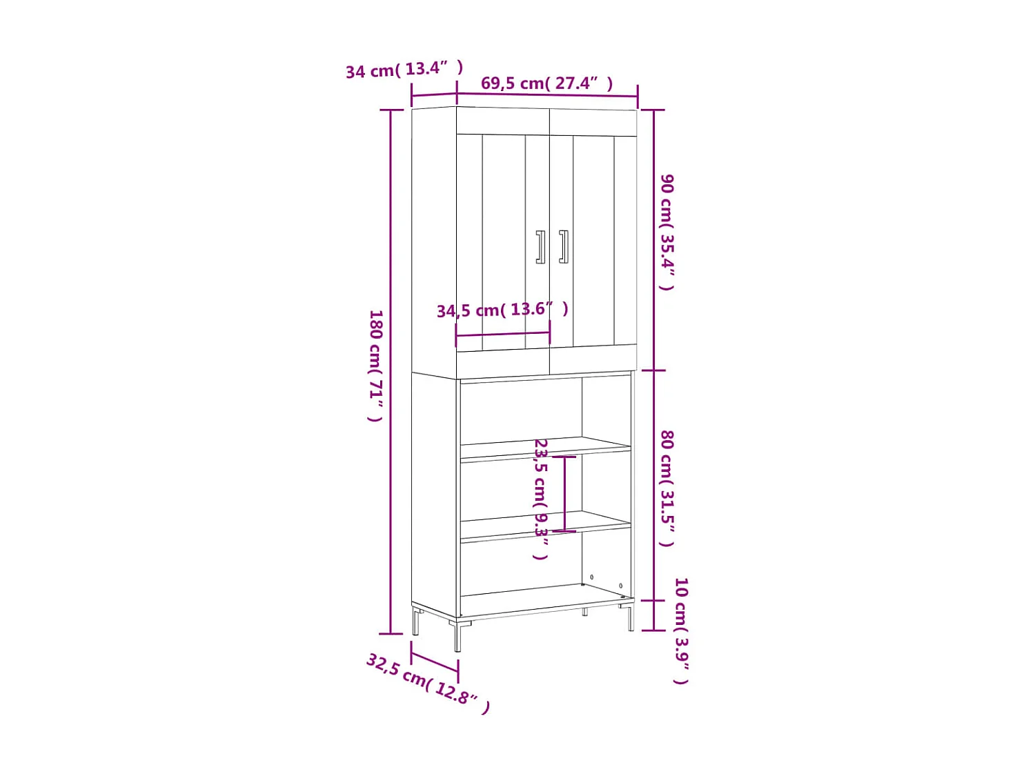 Buffet haut Noir 69,5x34x180 cm Bois d'ingénierie