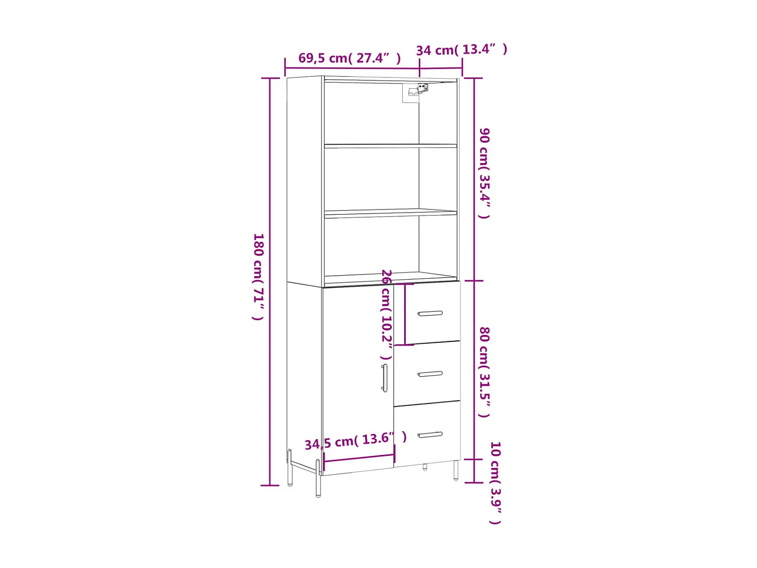 Buffet haut Blanc 69,5x34x180 cm Bois d'ingénierie