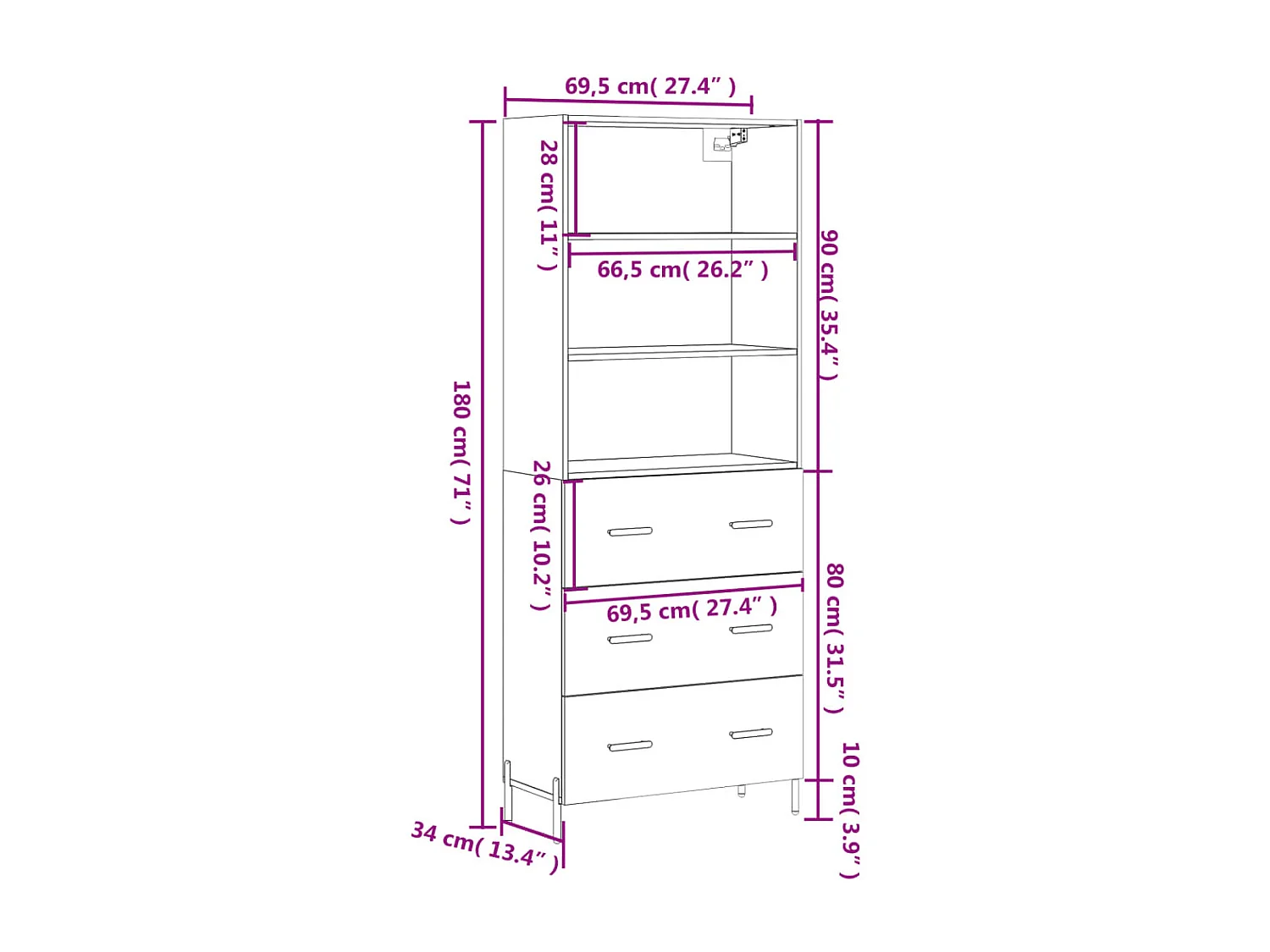 Buffet haut Blanc 69,5x34x180 cm Bois d'ingénierie
