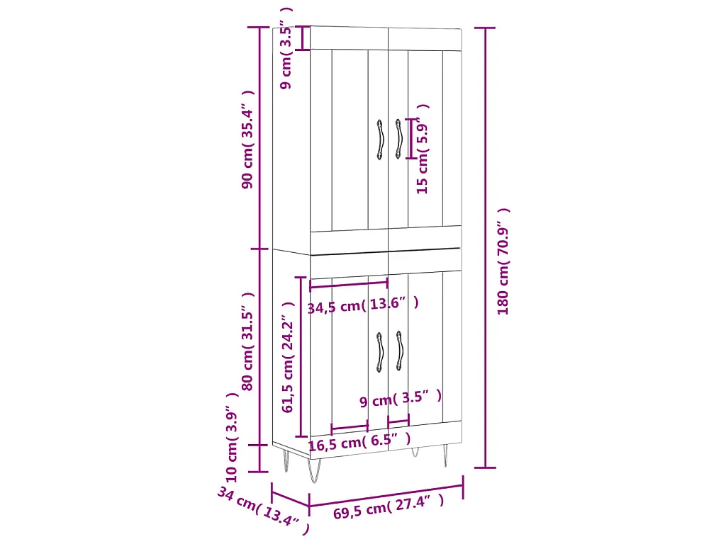 Buffet haut Gris béton 69,5x34x180 cm Bois d'ingénierie
