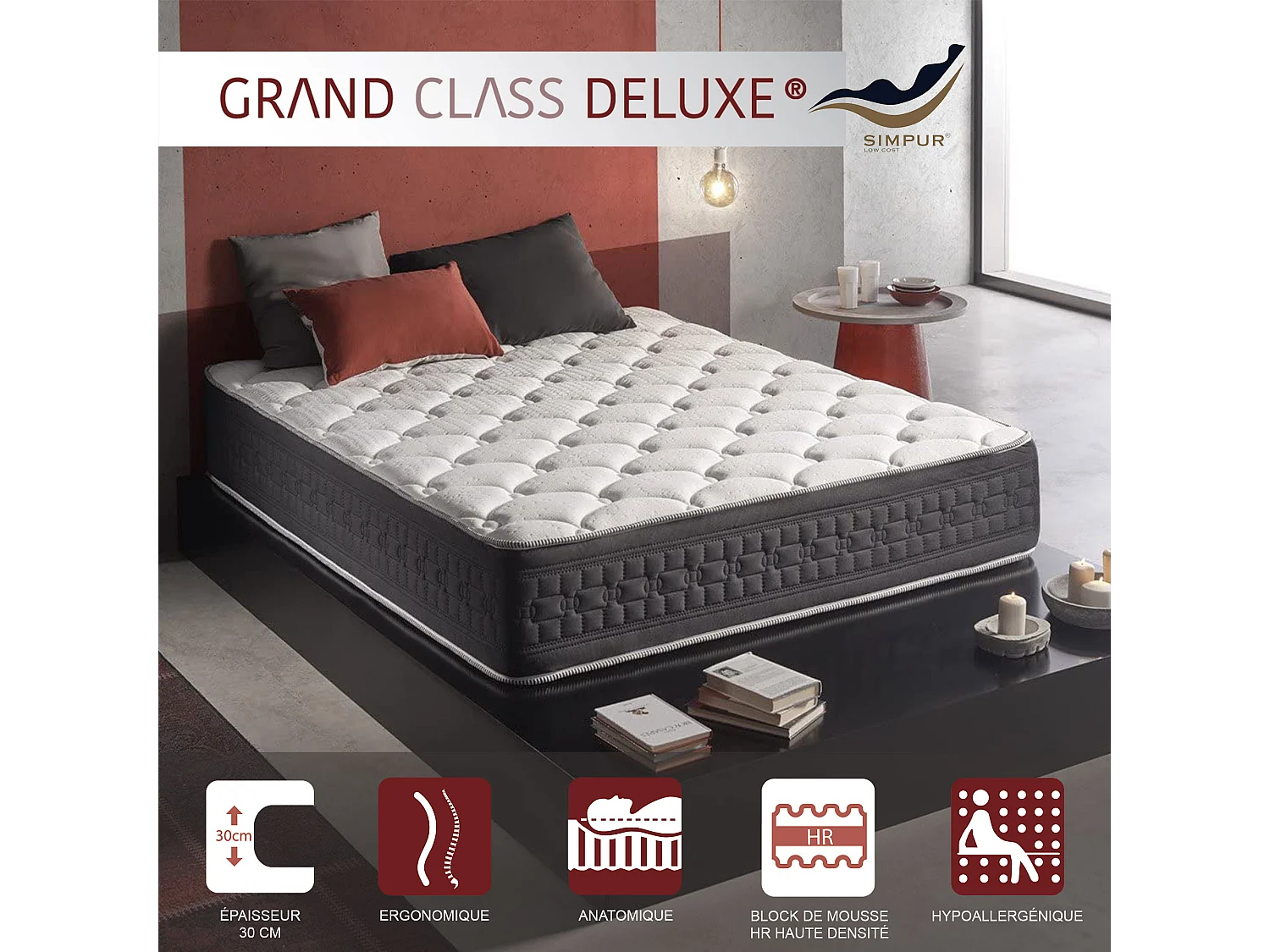 Matelas 90x200 mousse grand class | mousse à mémoire de forme | épaisseur 30 cm | auto régulation de température | 11 zones de confort