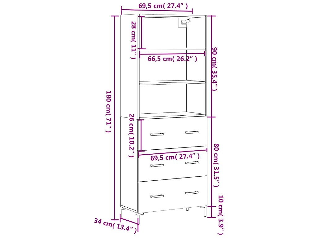 Buffet haut Chêne sonoma 69,5x34x180 cm Bois d'ingénierie