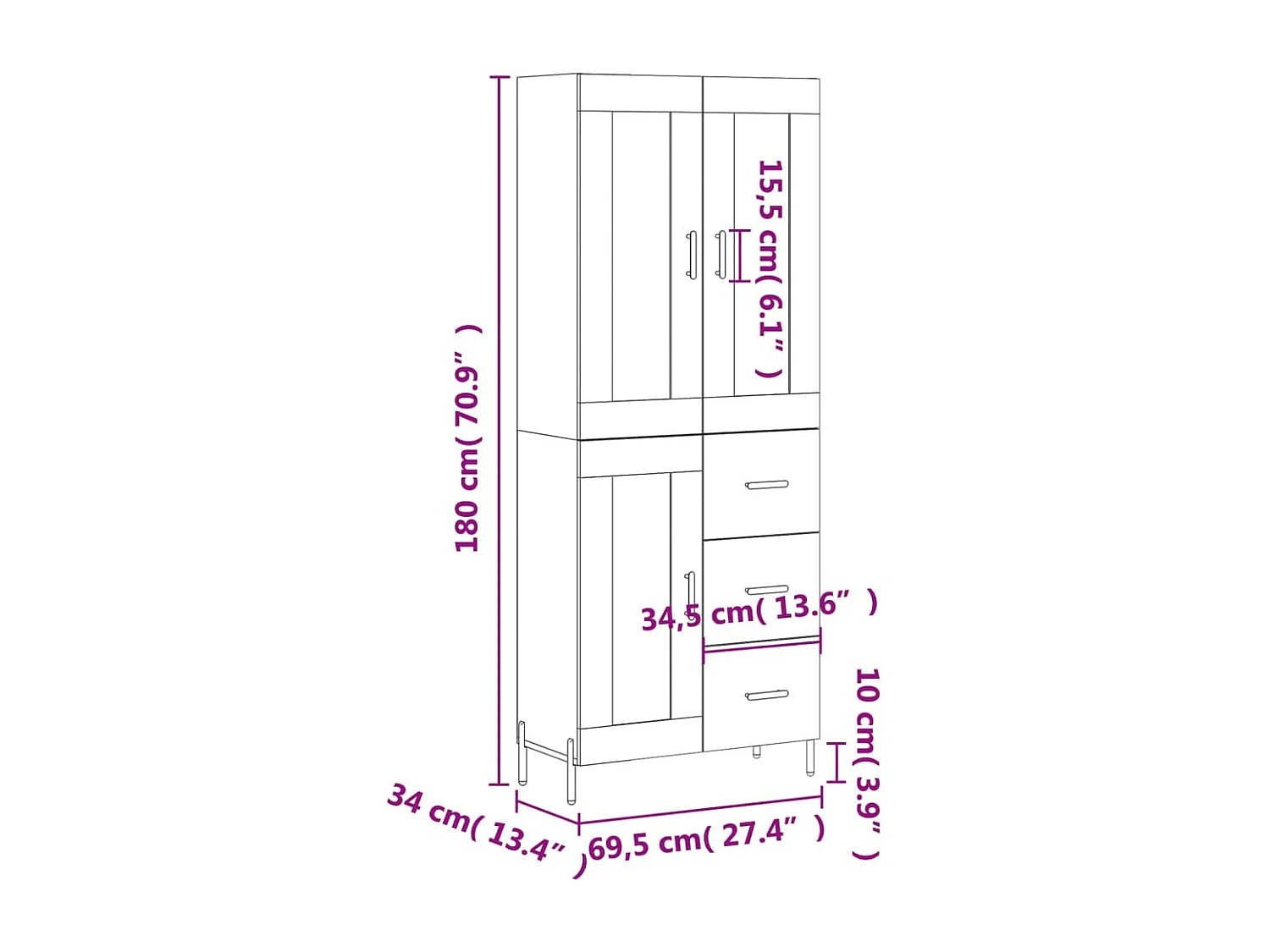 Hoge kast 69,5x34x180 cm bewerkt hout zwart