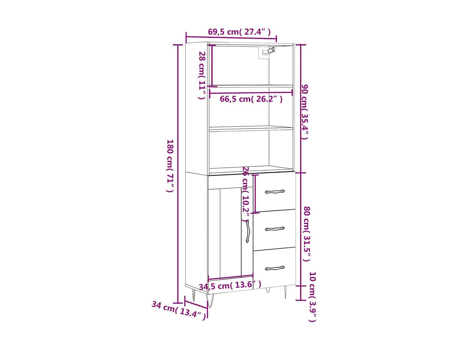 Highboard Schwarz 69,5x34x180 cm Holzwerkstoff