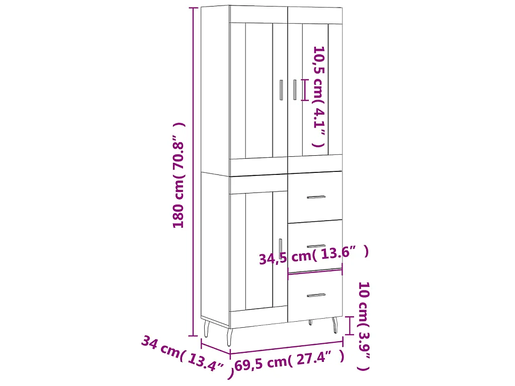 Credenza Bianca 69,5x34x180 cm in Legno Multistrato