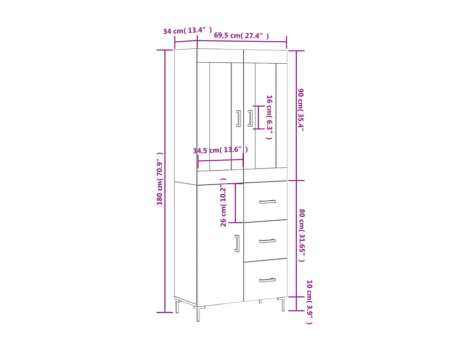 Highboard Betongrau 69,5x34x180 cm Holzwerkstoff