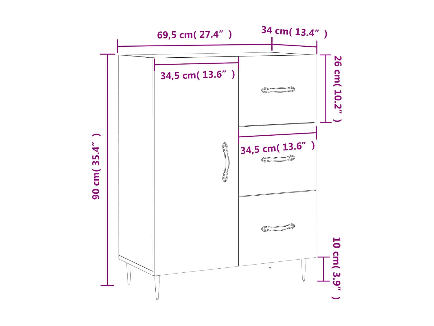 Credenza Bianca 69,5x34x90 cm in Legno Multistrato