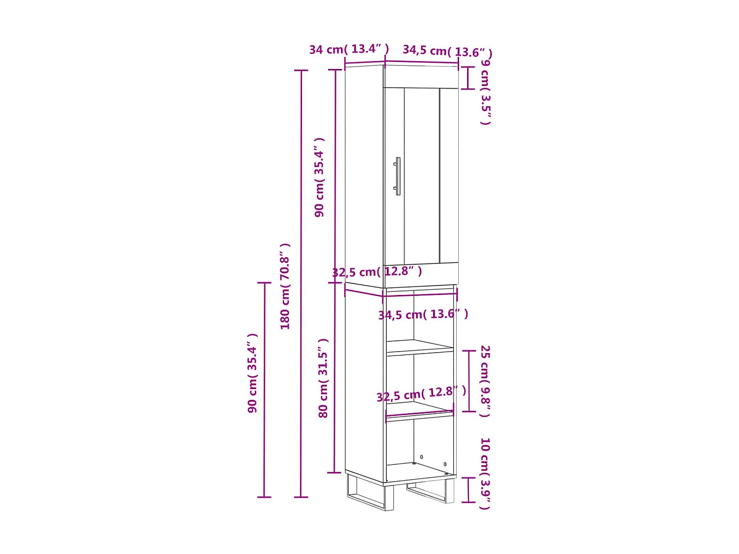Buffet haut Gris béton 34,5x34x180 cm Bois d'ingénierie