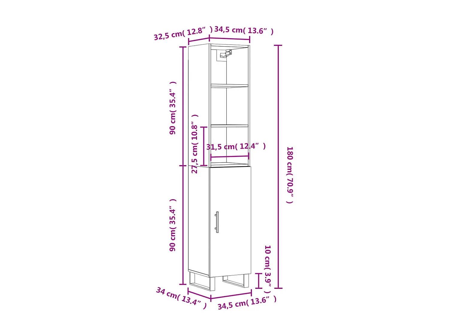 Aparador alto madera contrachapada blanco brillo 34,5x34x180 cm